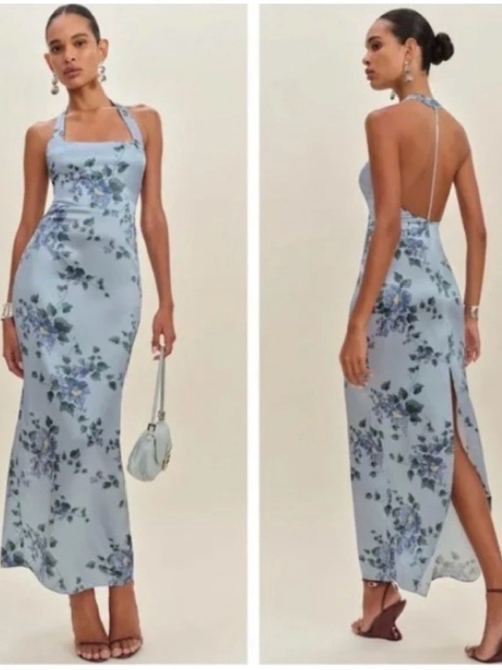 Reformation Light Blue Floral Halter-Back Maxi Dress